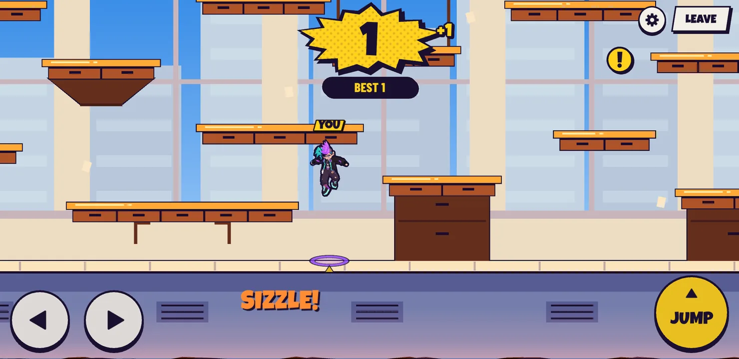 Arcade mode: one life, score in a yellow burst, lava below