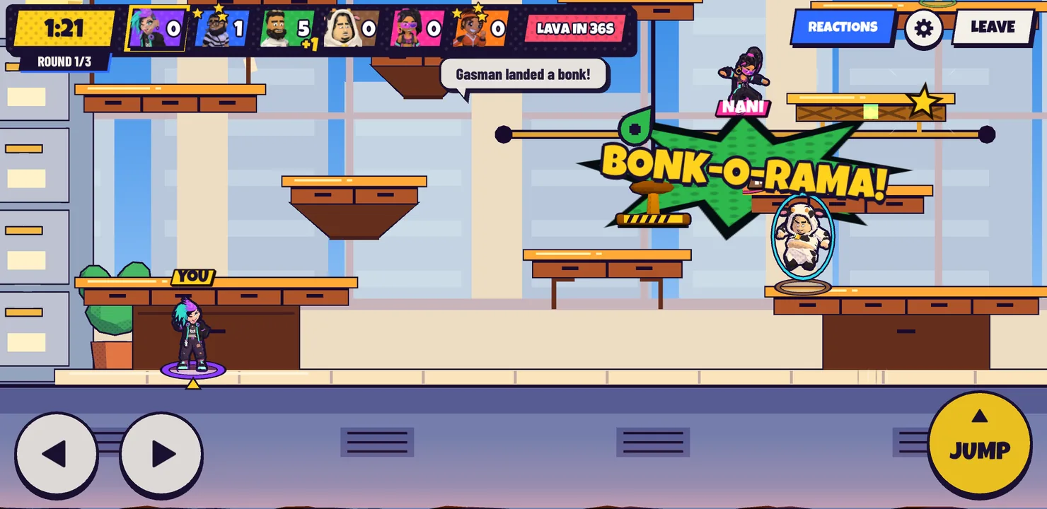 A six-fighter battle in Bonkleville: a BONK-O-RAMA! burst as one fighter stomps another