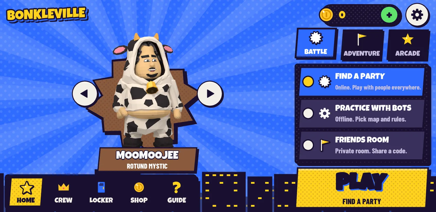 The Bonkleville home screen with MooMooJee and the BATTLE choices